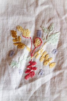 village hand made embroidered smooth decoration on white fabric , vintage folk embroidery in Belarus, second half of 19 century