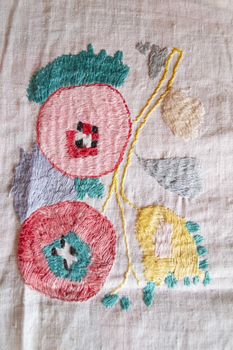 peach hand made embroidered smooth decoration on white fabric , vintage folk embroidery in Belarus, second half of 19 century