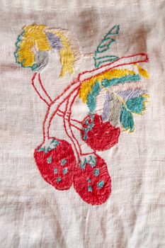 strawberry hand made embroidered smooth decoration on white fabric , vintage folk embroidery in Belarus, second half of 19 century