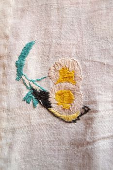 pear hand made embroidered smooth decoration on white fabric , vintage folk embroidery in Belarus, second half of 19 century
