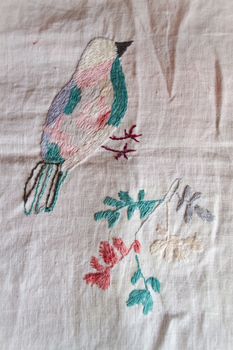 paradise hand made embroidered smooth decoration on white fabric , vintage folk embroidery in Belarus, second half of 19 century