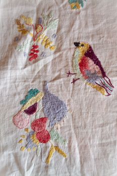naive hand made embroidered smooth decoration on white fabric , vintage folk embroidery in Belarus, second half of 19 century