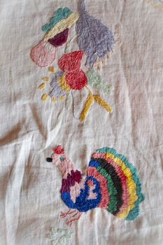 zoo hand made embroidered smooth decoration on white fabric , vintage folk embroidery in Belarus, second half of 19 century