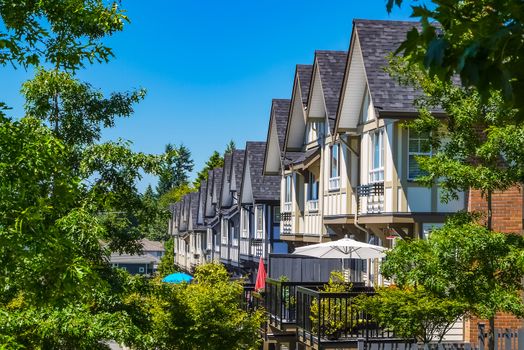 Perspective look at row of new townhouses surrounded by tree's leaves