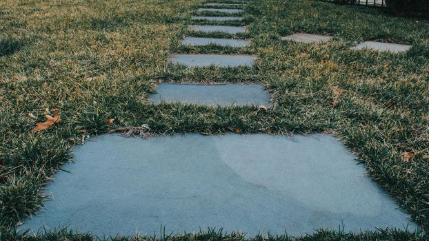 A Pathway of Blue Stones in a Grass Field Leading To the Top of the Frame