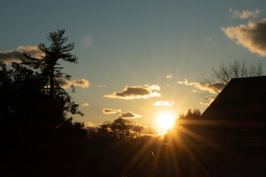 A Dramatic Orange and Blue Sunset Sky Over Silhouetted Buildings and Trees