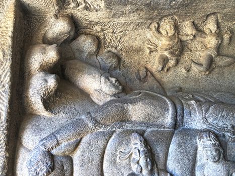 Bas relief sculptures carved in the rock cut temples in Mahabalipuram