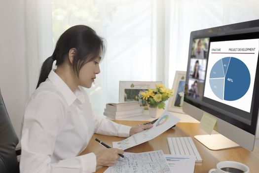 Asian business women working at home online meeting with video conference on computer. Business people using computer online meeting and speaking with team group.