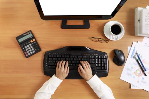 Business and financial concept  Top view hands of business women use PC computer with empty screen. Business women use computer network white color screen.