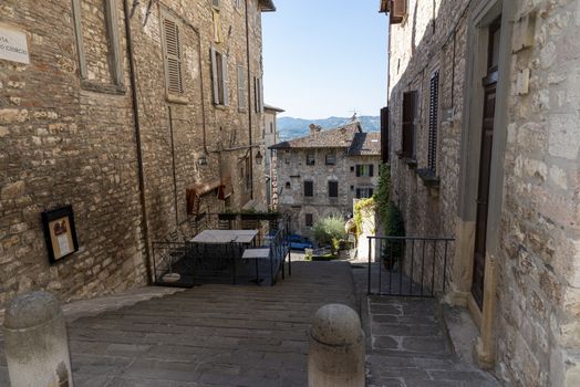 gubbio,italy august 29 2020:architecture of streets and buildings in the town of gubbio
