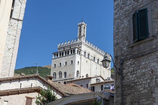 gubbio,italy august 29 2020:view of the palace of consoli in the town of gubbio
