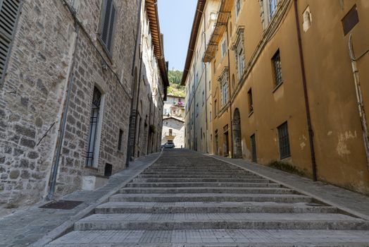 gubbio,italy august 29 2020:architecture of streets and buildings in the town of gubbio
