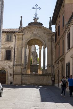 gubbio,italy august 29 2020:statue of Sant Ubaldo, patron saint of the town of Gubbio