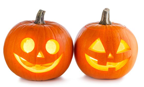 Two Glowing Halloween Pumpkin isolated on white background