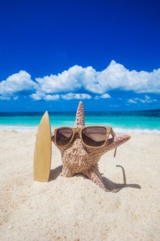 Starfish surfer in sunglasses on tropical sea beach vacation concept
