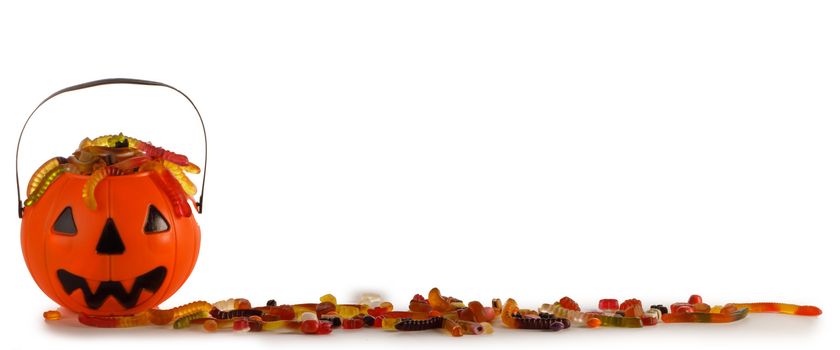 Halloween Jack o Lantern candy collector with worm candy isolated on white background