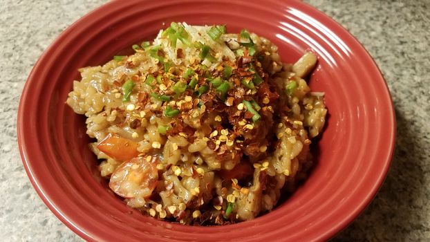 risotto rice with onion and spicy red pepper in bowl