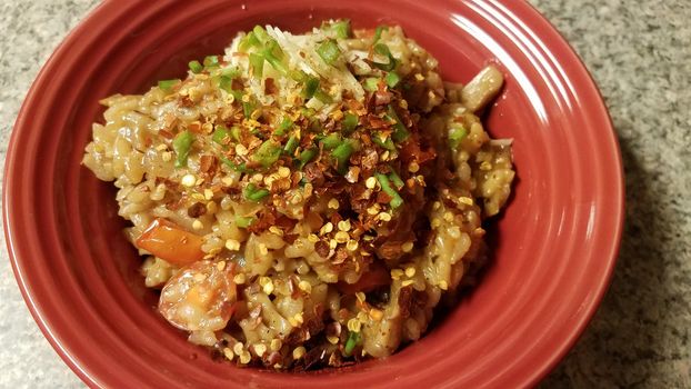 risotto rice with onion and spicy red pepper in bowl