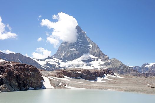 The Matterhorn, the iconic emblem of the Swiss Alps, summertime