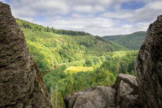 Landscape and scenery during Les Echelles de Rochehaut hike in region Bouillon, Wallonia, Belgium