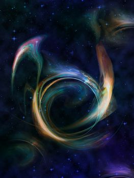 Abstract image: against a dark starry sky, a glowing multicolored cosmic vortex.