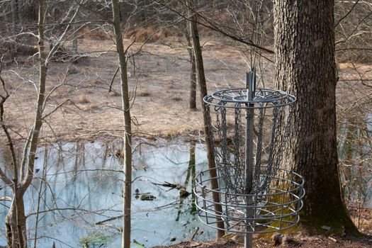 A Chain Frisbee Golf Hole in a Dead Winter Forest With a Pond Behind It