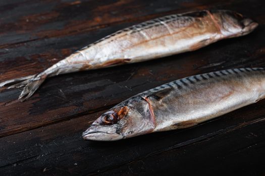 Two raw mackerel on wooden table.