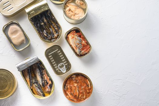 opened cans with different types of fish and seafood, opened and closed cans with Saury, mackerel, sprats, sardines, pilchard, squid, tuna, over white stone surface top view space for text