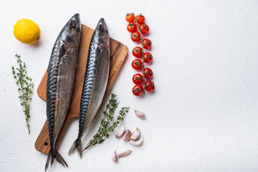 Raw mackerel with herbs on white background, flat lay with space for text.