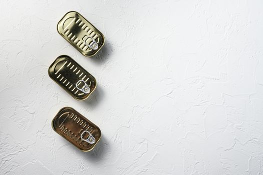 Set of same size closed canned food, fish , fruits, vegetables, meat, soup different types of shapes top view onwhite textured background top view space for text.