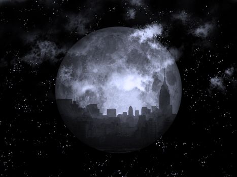 Full moon over night city. 3D rendering