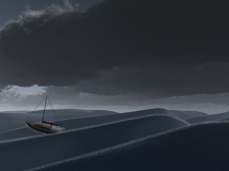 Ship at dark sea. 3D rendering