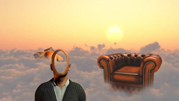 Faceless man above clouds. Golden fish and armchair. 3D rendering