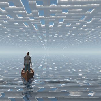 Man in boat floating under the maze of clouds. 3D rendering