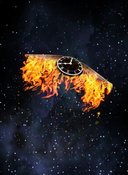 Burning time. Winged clock in fire. 3D rendering