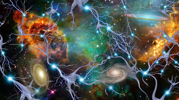 Brain Cells and Deep Space. Eternal Mind. 3D rendering