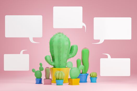 Set of cactus plants are placed in pink background on the center and have a white blank text box around it. The concept a group of people who love and like to plant cactus. 3D illustration render.
