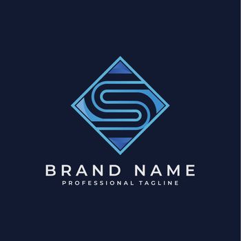 Clean initial vector Logo template with diamond alphabet S in geometric logotype. Modern corporate identity. isolated in blue background