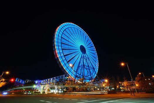 The famous travel destinations in Osaka Tempozan Ferris Wheel, Osaka city, Japan. This wheel is 112.5 metres height (369 ft) and 100 metres of diameter (330 ft).