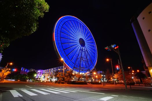 The famous travel destinations in Osaka Tempozan Ferris Wheel, Osaka city, Japan. This wheel is 112.5 metres height (369 ft) and 100 metres of diameter (330 ft).