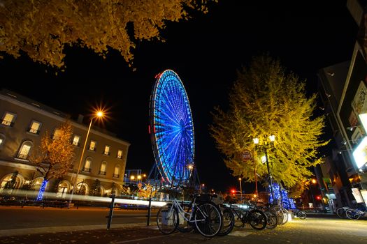 Osaka, Japan - December 16, 2019 : The famous travel destinations in Osaka Tempozan Ferris Wheel, Osaka city, Japan. This wheel is 112.5 metres height (369 ft) and 100 metres of diameter (330 ft).