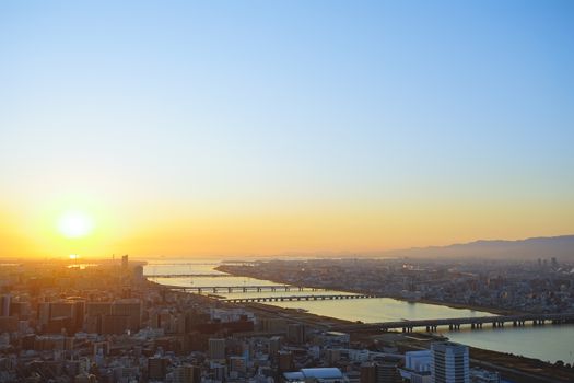 Osaka, Japan - December 16, 2019 : Beautiful scene from top of The Umeda Sky Tower, urban scene of Osaka city, Japan.