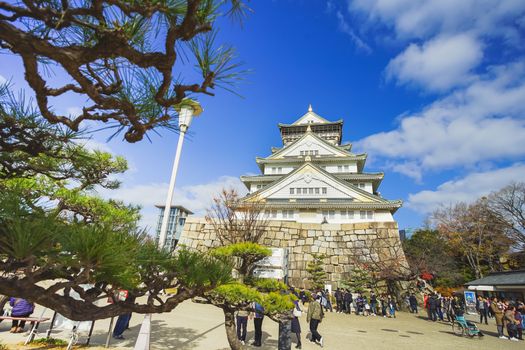 Osaka, Japan - December 15, 2019 : Beautiful scene in the park of Osaka Castle in Osaka City, Japan.