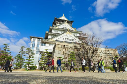 Osaka, Japan - December 15, 2019 : Beautiful scene in the park of Osaka Castle in Osaka City, Japan.