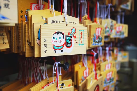 Kyoto, Japan - December 17, 2019 : Japanese culture tags in Kinkakuji temple in Tokyo, Japan.