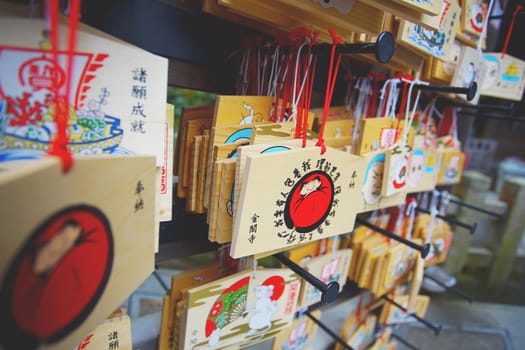 Kyoto, Japan - December 17, 2019 : Japanese culture tags in Kinkakuji temple in Tokyo, Japan.