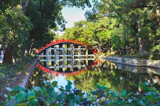 Osaka, Japan - December 15, 2019 : Beatiful Sorihashi bridge of Sumiyoshi Taisha Shrine, this is the famous travel destinations of Osaka city.