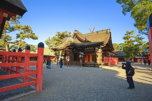 Osaka, Japan - December 15, 2019 : Beatiful scene of Sumiyoshi Taisha Shrine, this is the famous travel destinations of Osaka city.