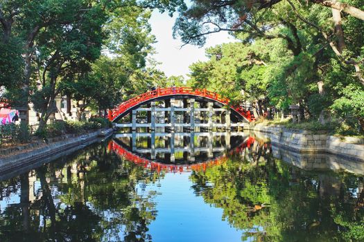 Osaka, Japan - December 15, 2019 : Beatiful Sorihashi bridge of Sumiyoshi Taisha Shrine, this is the famous travel destinations of Osaka city.