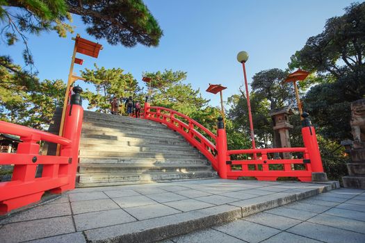 Osaka, Japan - December 15, 2019 : Beatiful Sorihashi bridge of Sumiyoshi Taisha Shrine, this is the famous travel destinations of Osaka city.